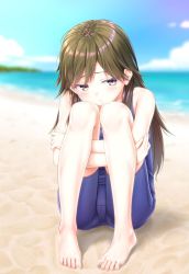 Rule 34 | 1girl, arashio (kancolle), barefoot, beach, blue one-piece swimsuit, blue sky, blurry, brown eyes, brown hair, cloud, commentary request, day, depth of field, gotou hisashi, hugging own legs, kantai collection, long hair, looking to the side, nontraditional school swimsuit, one-piece swimsuit, outdoors, school swimsuit, sitting, sky, solo, swimsuit