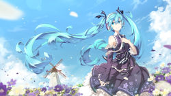 Rule 34 | 1girl, aqua eyes, aqua hair, cloud, day, detached sleeves, dress, field, floating hair, flower, flower field, frilled sleeves, frills, glint, hair ribbon, hand on own chest, hatsune miku, headphones, highres, holding, layered dress, linfi-muu, long hair, long sleeves, microphone, motion blur, necktie, outdoors, petals, revision, ribbon, sky, smile, solo, twintails, very long hair, vocaloid, wallpaper, wind, windmill