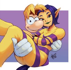 Rule 34 | 1boy, 1girl, blonde hair, blue hair, bodysuit, carrying, fairy, gloves, green eyes, green lips, ly, mateus upd, pointy ears, princess carry, rayman, rayman (character), rayman limbs, white gloves