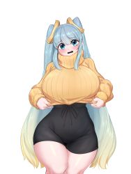 Rule 34 | 1girl, absurdres, black shorts, blue eyes, blush, breasts, clothes lift, curvy, gradient hair, high-waist shorts, highres, huge breasts, league of legends, long hair, long sleeves, looking at viewer, multicolored hair, open mouth, pants, ribbed sweater, shiny skin, shorts, simple background, solo, sona (league of legends), sweater, sweater lift, thick thighs, thighs, tight clothes, tight pants, turtleneck, turtleneck sweater, twintails, very long hair, white background, wide hips, yabby, yellow sweater