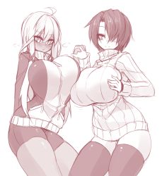 Rule 34 | 2girls, ahoge, asymmetrical docking, bike shorts, blush, borrowed character, breast press, breasts, commentary, dark-skinned female, dark skin, english commentary, eyes visible through hair, greyscale, hair between eyes, hair ornament, hair over one eye, highres, holding hands, huge breasts, impossible clothes, impossible sweater, interlocked fingers, jacket, long hair, monochrome, multiple girls, original, ribbed sweater, saya (twrlare), short hair, simple background, skindentation, sub-res, sweater, thighhighs, torako (sub-res), white background, x hair ornament