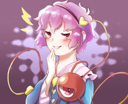Rule 34 | 1girl, blush, collared shirt, eyeball, frilled shirt collar, frilled sleeves, frills, hair ornament, hairband, half-closed eyes, hand on own hip, heart, heart hair ornament, highres, komeiji satori, laughing, looking at viewer, menotama, parted lips, red eyes, shirt, smile, solo, third eye, touhou, upper body