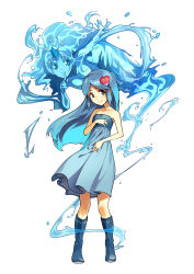 Rule 34 | 1girl, bare shoulders, blue eyes, blue hair, blue skirt, boots, clam, clam shell, dress, finger to mouth, hair ornament, hand on own chest, hand on own stomach, kaiten muten-maru, knee boots, light smile, long hair, shimotsuki eight, sidelocks, skirt, umi shira, water