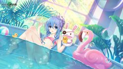 Rule 34 | 1girl, ball, bare legs, bare shoulders, barefoot, bikini, blue eyes, blue hair, breasts, bubble, cleavage, date a live, date a live: spirit pledge, hair ornament, highres, long hair, looking at viewer, official art, open mouth, partially submerged, partially underwater shot, pink bikini, plant, small breasts, smile, swimsuit, underwater, water, yoshino (date a live), yoshinon