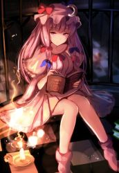 Rule 34 | 1girl, book, capelet, checkered floor, crescent, dress, expressionless, fire, full body, hair ribbon, hat, light, long hair, long sleeves, looking down, mob cap, nakaichi (ridil), open book, patchouli knowledge, purple eyes, purple hair, purple socks, ribbon, sitting, socks, solo, striped clothes, striped dress, touhou, tress ribbon, wide sleeves