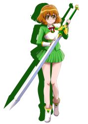 Rule 34 | 1girl, absurdres, armor, boots, brown eyes, brown hair, closed mouth, cosplay, fresh precure!, full body, glasses, green jacket, green skirt, hairband, highres, holding, holding sword, holding weapon, hououji fuu, hououji fuu (cosplay), jacket, long sleeves, looking at viewer, magic knight rayearth, miniskirt, neck ribbon, nita (onakatohoppe), pleated skirt, precure, red hairband, red ribbon, ribbon, shadow, short hair, shoulder armor, simple background, skirt, smile, solo, standing, sword, weapon, white background, white footwear, yamabuki inori
