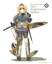 Rule 34 | 1girl, airplane wing, bad id, bad pixiv id, blonde hair, blue jacket, boots, buttons, cup, dakku (ogitsune), english text, full body, gloves, green eyes, gun, hairband, holding, holding cup, jacket, long hair, long sleeves, machine gun, machinery, mecha musume, military, military jacket, military uniform, miniskirt, original, pantyhose, personification, pointy ears, royal air force, scabbard, scarf, sheath, sheathed, skirt, smile, solo, supermarine spitfire, sweater, sword, uniform, union jack, weapon, wings