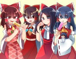 Rule 34 | 5girls, :d, apron, ascot, black eyes, black hair, blunt bangs, blush, bow, brown eyes, brown hair, closed mouth, commentary request, cookie (touhou), cowboy shot, detached sleeves, dress, eyes visible through hair, food, frilled bow, frilled hair tubes, frills, hair between eyes, hair bow, hair tubes, hakurei reimu, hand in own hair, hari (suzu sato), highres, hotaruda (cookie), long hair, looking at another, looking at viewer, looking to the side, medium hair, midriff peek, mini person, minigirl, multiple girls, necktie, noel (cookie), open mouth, pink apron, popsicle, red bow, red dress, red shirt, red skirt, ribbon-trimmed sleeves, ribbon trim, rurima (cookie), scarf, shinonome (cookie), shiromiya rei, shirt, simple background, skirt, smile, sweat, swept bangs, touhou, white scarf, white sleeves, yellow background, yellow neckwear