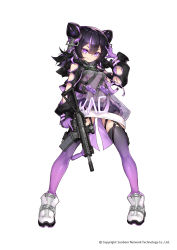 Rule 34 | 1girl, absurdres, arm up, assault rifle, black hair, boots, breasts, carbine, closed mouth, cone hair bun, copyright notice, double bun, eyepatch, folding stock, full body, girls&#039; frontline, gloves, gradient legwear, gun, hair between eyes, hair bun, hair ornament, highres, holding, holding gun, holding weapon, kac-pdw, kac-pdw (girls&#039; frontline), long hair, looking at viewer, official art, panties, personal defense weapon, purple eyes, purple gloves, purple hair, purple legwear, rifle, scope, see-through, shanyao jiang tororo, shoes, simple background, small breasts, smile, sneakers, solo, standing, stock (firearm), submachine gun, thigh strap, thighs, transparent background, trigger discipline, underwear, vertical forward grip, weapon, white background, white footwear