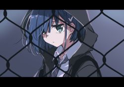 Rule 34 | 10s, 1girl, black hoodie, black necktie, blue hair, closed mouth, collared shirt, darling in the franxx, expressionless, gradient background, green eyes, grey background, hair ornament, hair over one eye, hairclip, highres, hood, hood up, hoodie, ichigo (darling in the franxx), letterboxed, looking at viewer, matsuda hikari, necktie, open clothes, open hoodie, shirt, short hair, solo, striped necktie, striped neckwear, upper body, white shirt, wing collar