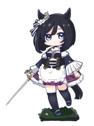 Rule 34 | 1girl, :o, animal ears, apron, black hair, black shirt, black thighhighs, blue eyes, blush, chibi, commentary request, detached sleeves, eishin flash (umamusume), frilled apron, frills, grey footwear, hair between eyes, highres, holding, holding sword, holding weapon, horse ears, horse girl, horse tail, layered sleeves, long sleeves, looking at viewer, nozo (hitomiz), parted lips, puffy short sleeves, puffy sleeves, shirt, shoes, short over long sleeves, short sleeves, skirt, solo, standing, standing on one leg, striped clothes, striped skirt, sword, tail, thighhighs, umamusume, vertical-striped clothes, vertical-striped skirt, waist apron, weapon, white apron, white background, wide sleeves