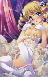 Rule 34 | 00s, 1girl, blonde hair, blue eyes, blush, breasts, cum, cum on body, cum on breasts, cum on lower body, cum on upper body, dress, drill hair, facial, feet, flat chest, gloves, highres, kantaka, koihime musou, nipples, panties, panty pull, ribbon, sitting, small nipples, solo, sousou (koihime musou), thighhighs, toe scrunch, twintails, underwear, undressing, white gloves, white thighhighs