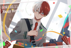 Rule 34 | 1boy, 2others, blue eyes, boku no hero academia, burn scar, closed mouth, collared shirt, commentary request, confetti, dated, gift, grey jacket, hair between eyes, happy birthday, heterochromia, highres, jacket, long sleeves, looking at viewer, male focus, miyanami 3, multicolored hair, multiple others, necktie, red hair, red neckwear, scar, shirt, short hair, solo focus, striped, todoroki shouto, two-tone hair, white hair, white shirt