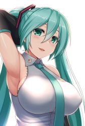 Rule 34 | 1girl, aqua eyes, aqua hair, aqua necktie, arm up, armpits, backlighting, blush, breasts, collared shirt, commentary, covered erect nipples, detached sleeves, grey shirt, hair between eyes, half updo, hatsune miku, highres, hormone koijirou, large breasts, lips, long hair, looking at viewer, necktie, open mouth, shirt, sideboob, simple background, smile, solo, twintails, upper body, vocaloid, white background, wing collar