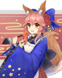 Rule 34 | 1girl, absurdres, animal ear fluff, animal ears, apron, artist name, bell, black nails, blue bow, blue kimono, blue ribbon, bow, bracelet, brush, emirate chen&#039;ai, fang, fate/extra, fate (series), flower, fox ears, fox girl, fox tail, hair bow, hair ornament, hair ribbon, highres, holding, holding brush, japanese clothes, jewelry, kimono, looking at viewer, maid, nail polish, new year, open mouth, pink hair, red skirt, ribbon, skirt, solo, tail, tamamo (fate), tamamo no mae (fate/extra), teeth, wa maid, wristband, yellow eyes
