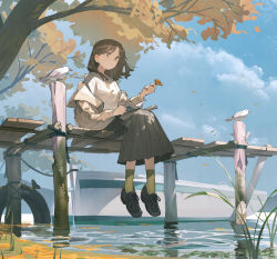 Rule 34 | . ., 1girl, animal, ankle socks, aspara, beige jacket, bird, black footwear, blue sky, blunt ends, boat, book, book on lap, bridge, brown eyes, brown hair, bug, butterfly, closed mouth, cloud, cloudy sky, cross-laced footwear, dappled sunlight, day, floating hair, foot dangle, from side, full body, ginkgo tree, green socks, grey skirt, hair behind ear, hand up, highres, holding, holding leaf, insect, jacket, leaf, light smile, long hair, long skirt, long sleeves, looking away, mountainous horizon, nature, off shoulder, open book, open clothes, open jacket, original, outdoors, oxfords, plant, pleated skirt, puffy long sleeves, puffy sleeves, reading, ribbed legwear, ripples, river, rope, rowboat, scenery, shade, shirt, shoelaces, shoes, sitting, skirt, sky, socks, solo, sunlight, swept bangs, tire, tree, tree shade, water, watercraft, white bird, white shirt, wind, wooden bridge
