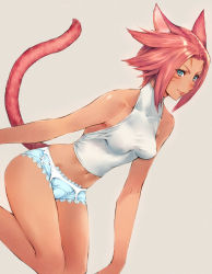 Rule 34 | 10s, 1girl, animal ears, bare shoulders, blue eyes, blue panties, breasts, cat ears, cat tail, facial mark, final fantasy, final fantasy xiv, halterneck, highres, lace, lace-trimmed panties, lace trim, looking at viewer, makimura shunsuke, miqo&#039;te, navel, no pants, panties, pink hair, short hair, simple background, small breasts, smile, solo, tail, underwear, underwear only, warrior of light (ff14)