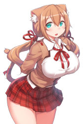 Rule 34 | 1girl, animal ears, aqua eyes, blush, breasts, brown hair, cardigan, cat ears, cowboy shot, hair ribbon, large breasts, leaning forward, long hair, looking at viewer, low twintails, open cardigan, open clothes, open mouth, original, plaid, plaid skirt, ribbon, school uniform, simple background, skirt, smile, solo, twintails, white background, zenn