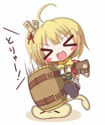 Rule 34 | &gt; &lt;, 1girl, ahoge, bag, blonde hair, blush stickers, closed eyes, gloves, hair ornament, komakoma (magicaltale), mallet, mallet (ole tower), ole tower, side ponytail, skirt, solo