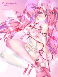 Rule 34 | 1girl, ahoge, arm strap, belt, blush, breasts, chest belt, cleavage, commentary, crystalmoonlitt, demon girl, demon horns, demon wings, detached wings, dress, earrings, english commentary, frilled dress, frills, hair ornament, head wings, heart, heart ahoge, heart hair ornament, highres, horns, ironmouse, ironmouse (demon form), jewelry, large breasts, long hair, looking at viewer, multicolored hair, open mouth, pink belt, pink dress, pink eyes, pink hair, pink thighhighs, pointy ears, purple hair, red footwear, shoes, silver earrings, streaked hair, thighhighs, twintails, virtual youtuber, vshojo, wings
