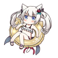 Rule 34 | 1girl, animal ears, azur lane, bell, blue eyes, bow, cat ears, cat tail, chibi, commentary request, hammann (azur lane), innertube, long hair, looking at viewer, midriff, minami (colorful palette), ribbon, sandals, simple background, solo, swim ring, tail, tail bell, tail bow, tail ornament, tail ribbon, twintails, white background, white hair