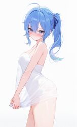 Rule 34 | 1girl, ahoge, alternate breast size, blue eyes, blue hair, blue ribbon, blush, breasts, chemise, commentary, english commentary, hair between eyes, hair ribbon, highres, hololive, hoshimachi suisei, koahri, lace trim, long hair, looking at viewer, medium breasts, ponytail, ribbon, simple background, solo, virtual youtuber, white background, white chemise