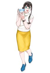 Rule 34 | 1girl, blue footwear, bowl, full body, hair bun, highres, kantai collection, official alternate costume, official alternate hairstyle, ojipon, ooyodo (kancolle), pencil skirt, simple background, single sidelock, skirt, sleeveless, sleeveless sweater, smile, solo, standing, sweater, watch, white background, white sweater, wristwatch, yellow skirt
