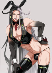 1boy, abs, alternate costume, alternate hairstyle, animal ears, aosa (tatanteeeeeeno), ashiya douman (fate), ass, asymmetrical hair, bare pecs, bare shoulders, bikini briefs, black eyes, black hair, black nails, black skin, bulge, bunny ears, colored skin, earrings, fate/grand order, fate (series), feet out of frame, fingernails, jewelry, leaning to the side, long hair, looking at viewer, magatama, magatama earrings, male focus, male underwear, multicolored hair, nail polish, necktie, necktie between pecs, official alternate costume, sharp fingernails, short necktie, skin tight, skindentation, smile, solo, thick thighs, thighs, toned, toned male, two-tone hair, underwear, very long fingernails, very long hair, white hair, wrist cuffs