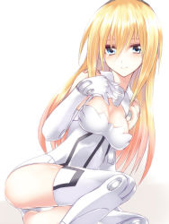 Rule 34 | 10s, 1girl, arnval, blonde hair, blue eyes, blush, breasts, busou shinki, cleavage, cleavage cutout, clothing cutout, doll joints, elbow gloves, gloves, joints, kurokawa (silve), long hair, sitting, smile, solo, thighhighs