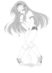 Rule 34 | 1girl, between legs, blush, breasts, buruma, embarrassed, closed eyes, female focus, full body, glasses, greyscale, gym uniform, hair ornament, hand between legs, have to pee, headband, highres, kishima tower, kneehighs, knees together feet apart, long hair, medium breasts, monochrome, original, own hands together, peeing, peeing self, pigeon-toed, puddle, revision, shirt, shoes, short sleeves, simple background, socks, solo, standing, steam, sweat, tears, trembling, v arms, white background, x hair ornament