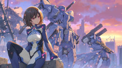 Rule 34 | 1girl, :o, arm support, brown hair, city, cloud, covered navel, doumyouji cocoa, dusk, gun, hair between eyes, highres, mecha, pinakes, red eyes, rifle, riot music, robot, rubble, sitting, skin tight, sky, solo, sword, virtual youtuber, weapon