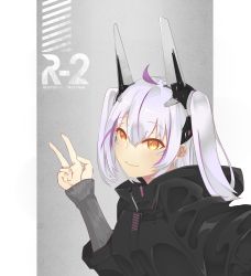 Rule 34 | 1girl, absurdres, artist name, highres, horns, looking at viewer, medium hair, multicolored hair, nyxview, original, purple hair, smile, solo, streaked hair, twintails, uniform, v, white hair, yellow eyes