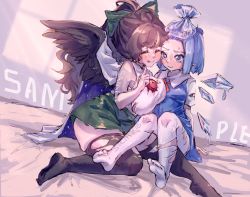 Rule 34 | 2girls, :p, bird wings, black wings, blue eyes, blue hair, bow, breasts, brown hair, cape, chest jewel, cirno, feathered wings, green bow, green skirt, hair bow, highres, ice, ice wings, large breasts, long hair, multiple girls, no shoes, reiuji utsuho, saliva, saliva trail, sample watermark, shirt, short sleeves, shouxishao jiuyuan, skirt, small breasts, thighhighs, tongue, tongue out, torn clothes, torn legwear, torn shirt, torn sleeves, touhou, watermark, white cape, wings, yuri