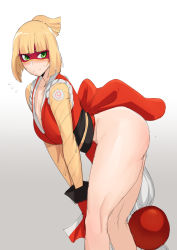 Rule 34 | 1girl, arms (game), arms between legs, ass, between legs, blonde hair, blush, bow, cosplay, crossover, fatal fury, from side, green eyes, grey background, highres, japanese clothes, leaning forward, legs, mask, min min (arms), nintendo, ponytail, shiranui mai, shiranui mai (cosplay), short hair, side slit, snk, solo, stormcow, thighs