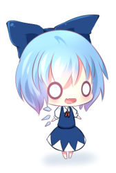 Rule 34 | 1girl, akisha, bad id, bad pixiv id, blue dress, blue hair, bow, cirno, dress, fang, hair bow, ice, ice wings, o o, open mouth, puffy sleeves, shirt, short sleeves, simple background, smile, solo, touhou, white background, wings