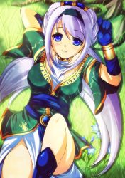 Rule 34 | 1girl, arm behind back, avril vent fleur, belt, blue eyes, boots, breasts, choker, enoo, flower, gloves, grass, green shirt, hairband, jewelry, long hair, lying, shirt, sidelocks, smile, solo, twintails, white hair, wild arms, wild arms 5, wrist cuffs