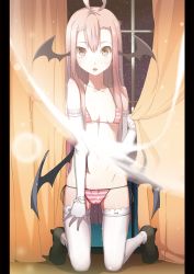 Rule 34 | 1girl, :o, ahoge, bare shoulders, bat wings, bikini, cameltoe, collarbone, curtains, elbow gloves, eyelashes, female focus, furisuku, gloves, head wings, high heels, highres, kneeling, koakuma, lace, lace-trimmed gloves, lace-trimmed legwear, lace trim, long hair, looking at viewer, low wings, pillarboxed, platform footwear, red eyes, red hair, skinny, sky, slender, solo, star (sky), starry sky, striped bikini, striped clothes, swimsuit, thigh gap, thighhighs, touhou, white thighhighs, window, wings