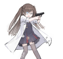Rule 34 | 1girl, aiming, black thighhighs, blue dress, blue eyes, braid, brown hair, coat, dress, fang, feet out of frame, girls&#039; frontline, gun, hair ornament, hairclip, handgun, highres, holding, holding weapon, long hair, open mouth, pistol, rampart1028, short dress, simple background, skin fang, solo, standing, thighhighs, two side up, type 59 (girls&#039; frontline), weapon, white background, white coat