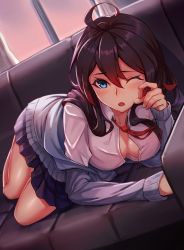 Rule 34 | 1girl, absurdres, black hair, blue eyes, blush, breasts, cardigan, collared shirt, couch, grey cardigan, hair between eyes, highres, indoors, kuen (kuennn12), legs together, long hair, looking at viewer, lying, moe2019, one eye closed, open cardigan, open clothes, open shirt, original, pleated skirt, purple skirt, red neckwear, rubbing eyes, shirt, sidelocks, skirt, solo, waking up, white shirt, window