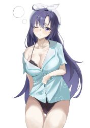 1girl black_bra black_panties blue_archive blue_shirt blush bra breasts cleavage collarbone commentary_request cowboy_shot hair_ribbon higashiwun_izumi highres large_breasts no_panties one_eye_closed panties purple_eyes purple_hair ribbon shirt simple_background single_bare_shoulder solo thighs underwear white_background yuuka_(blue_archive) yuuka_(pajamas)_(blue_archive)