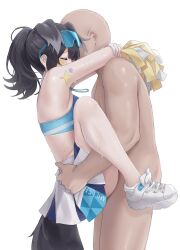 Rule 34 | 1boy, 1girl, absurdres, animal ears, arms around neck, bare shoulders, black hair, blue archive, blush, cheerleader, clothed sex, crop top, cum, cum in pussy, dog ears, dog girl, dog tail, eyewear on head, facial mark, goggles, goggles on head, hetero, hibiki (blue archive), hibiki (cheer squad) (blue archive), highres, lifting person, millennium cheerleader outfit (blue archive), official alternate costume, pom pom (cheerleading), sex, shengtian, shoes, skirt, sneakers, standing, star (symbol), star facial mark, star sticker, suspended congress, sweat, tail, text print, white skirt