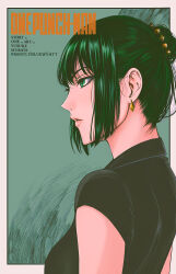 Rule 34 | 1girl, absurdres, artist name, black dress, commentary, cover, cover page, dress, earrings, english commentary, english text, fake cover, fubuki (one-punch man), green eyes, green hair, hair ornament, highres, jewelry, manga cover, mostlybluewyatt, one-punch man, open mouth, short sleeves, solo