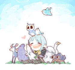 Rule 34 | 1boy, animal, armor, bird, blue hair, blush, chibi, closed mouth, coblyn, deer, enxiko, final fantasy, final fantasy xiv, full body, gloves, goose, graphite (medium), grass, green gloves, haurchefant greystone, heart, holding, holding animal, open mouth, owl, pigeon, pointy ears, shield, shield on back, simple background, sitting, smile, solo, sword, tapir, teeth, traditional media, unicorn, upper teeth only, weapon, yeti (creature)
