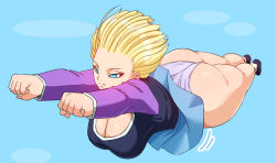Rule 34 | 1girl, android 18, arms up, ass, blonde hair, blue background, blue eyes, blue skirt, breasts, cleavage, closed mouth, clothes lift, dragon ball, dragonball z, expressionless, female focus, floating hair, flying, hanging breasts, huge ass, large breasts, legs, looking away, medium hair, motion lines, panties, pinkpawg, shoes, simple background, skirt, skirt lift, solo, thighs, underwear, wedgie, wind