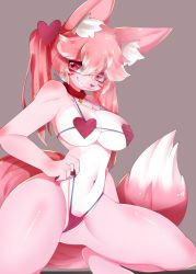 Rule 34 | 1girl, animal ear fluff, animal ears, bikini, body fur, breasts, collar, commentary request, fox, fox ears, fox girl, fox tail, furry, furry female, highres, large breasts, long hair, long tail, navel, original, pink eyes, pink fur, pink hair, simple background, smile, snout, snowangel (artist), solo, swimsuit, tail, twintails, two-tone fur, watermark, white fur