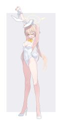 Rule 34 | 1girl, absurdres, alternate costume, animal ears, armpits, arms up, arume ad, bare legs, blue archive, breasts, cleavage, closed eyes, collarbone, fake animal ears, full body, groin, halo, hifumi (blue archive), highres, leotard, light brown hair, long hair, low twintails, open mouth, playboy bunny, ribbon, shoes, simple background, small breasts, solo, stretching, twintails