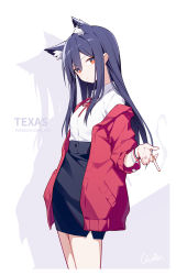 Rule 34 | 1girl, animal ear fluff, animal ears, arknights, black skirt, blue hair, bracelet, character name, cigarette, collared shirt, cropped legs, drop shadow, earrings, high-waist skirt, highres, holding, jacket, jewelry, long hair, looking at viewer, neck ribbon, off shoulder, open clothes, open jacket, pencil skirt, quan (kurisu tina), red eyes, red jacket, red ribbon, ribbon, shirt, shirt tucked in, skirt, solo, texas (arknights), white shirt, wolf ears