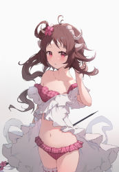 Rule 34 | 1girl, animal ears, antenna hair, arknights, bikini, blush, breasts, brown hair, cleavage, eyjafjalla (arknights), eyjafjalla (summer flower) (arknights), flower, fujimaki nora, grey background, hair flower, hair ornament, twirling hair, highres, horns, long hair, looking at viewer, off-shoulder bikini, off shoulder, official alternate costume, parted lips, pink bikini, pink eyes, pink flower, plaid, plaid bikini, sheep ears, sheep horns, simple background, small breasts, solo, swimsuit