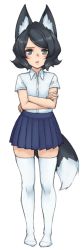 Rule 34 | 1girl, animal ear fluff, animal ears, black hair, blue skirt, blush, closed mouth, collared shirt, crossed arms, fox ears, fox tail, full body, grey eyes, looking at viewer, mono (monorus), monorus, no shoes, original, pleated skirt, shirt, short hair, short sleeves, simple background, skirt, solo, swept bangs, tail, thighhighs, white background, white shirt, white thighhighs, wing collar, zettai ryouiki
