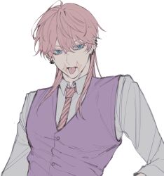 Rule 34 | 1boy, blue eyes, dulcedeleche124, ear piercing, formal, highres, looking to the side, male focus, messy hair, necktie, parted lips, piercing, pink hair, sanzu haruchiyo, scar, scar on face, shirt, solo, suit, tokyo revengers, tongue, tongue out, vest, wolf cut